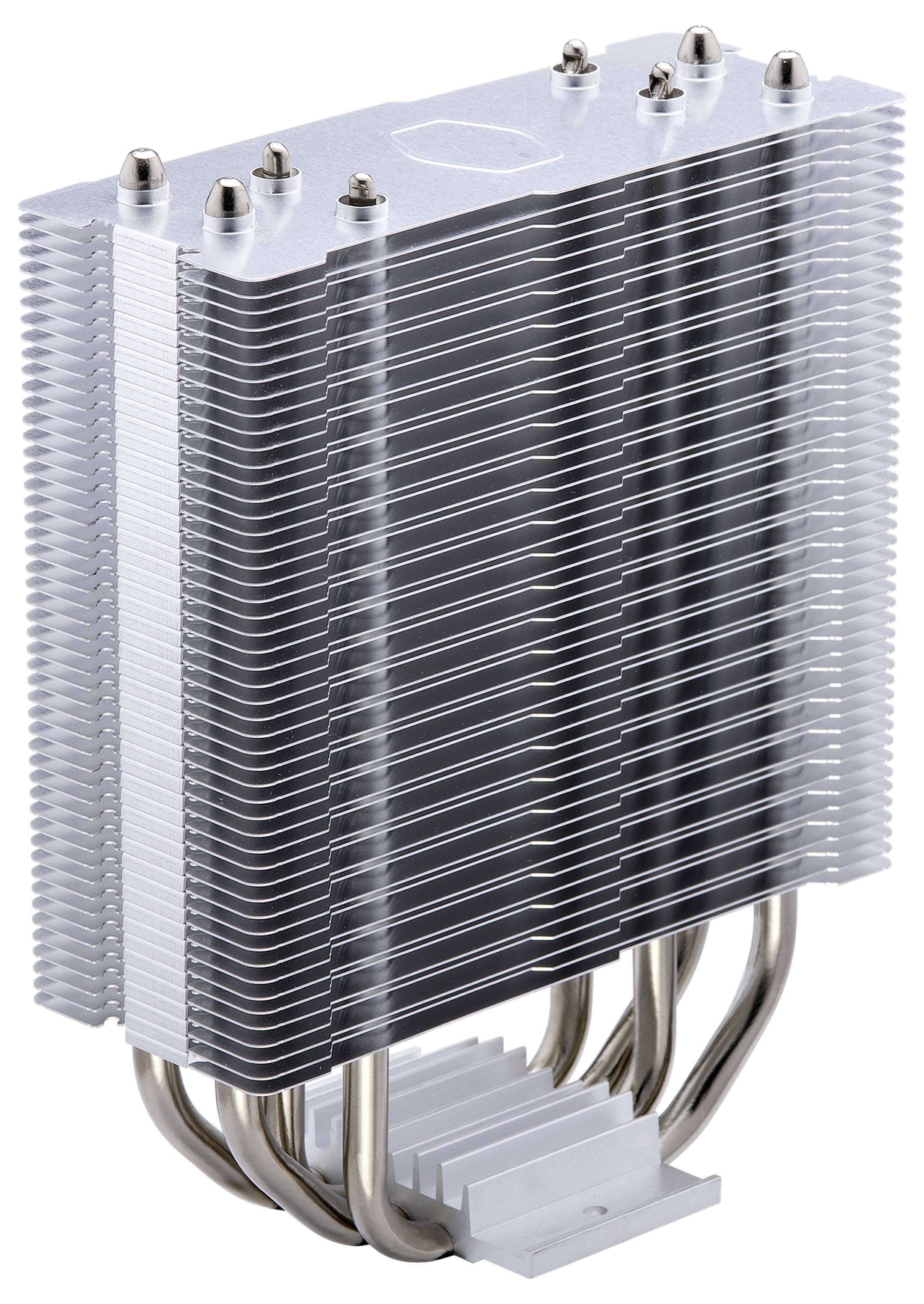 Un dissipateur thermique de processeur avec plusieurs ailettes métalliques et caloducs, conçu pour le refroidissement. L'image montre la vue latérale du dissipateur thermique.