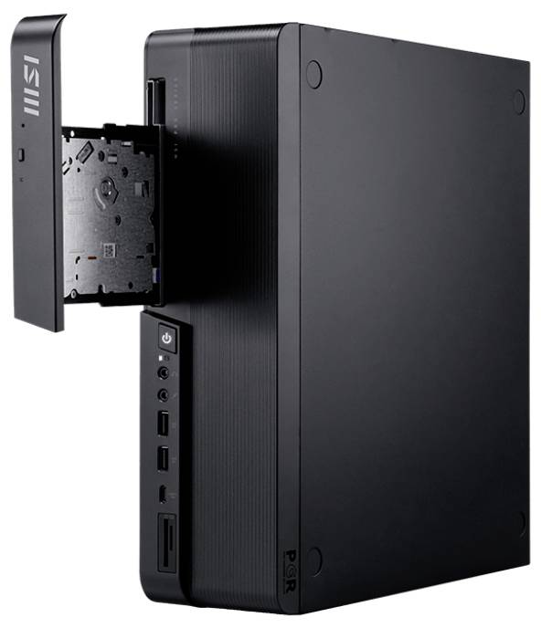 Un boîtier d'ordinateur de bureau noir est présenté avec un panneau latéral ouvert révélant des compartiments internes. Il dispose de plusieurs ports et d'un lecteur DVD.