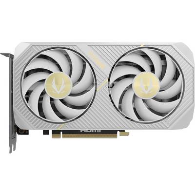 Une carte graphique en blanc et or avec deux ventilateurs et un port HDMI visible, conçue pour des performances de jeu et visuelles améliorées.