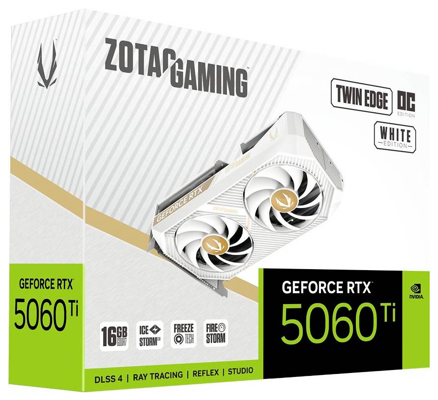 Carte graphique Zotac Gaming GeForce RTX 5060 Ti Twin Edge OC Édition Blanche. Caractéristiques incluant 16 Go de mémoire DDR6, DLSS 4, ray tracing.