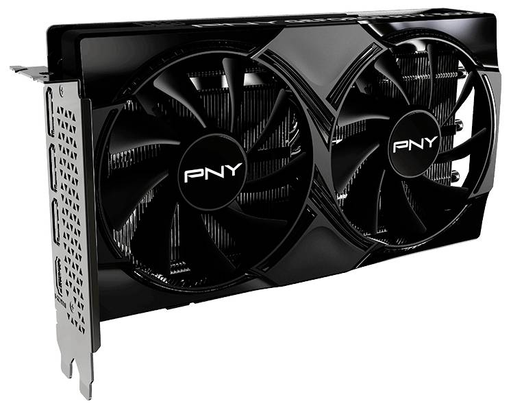 Carte graphique de marque PNY équipée de deux grands ventilateurs pour le refroidissement, conçue pour l'installation dans du matériel informatique et le traitement haute performance.