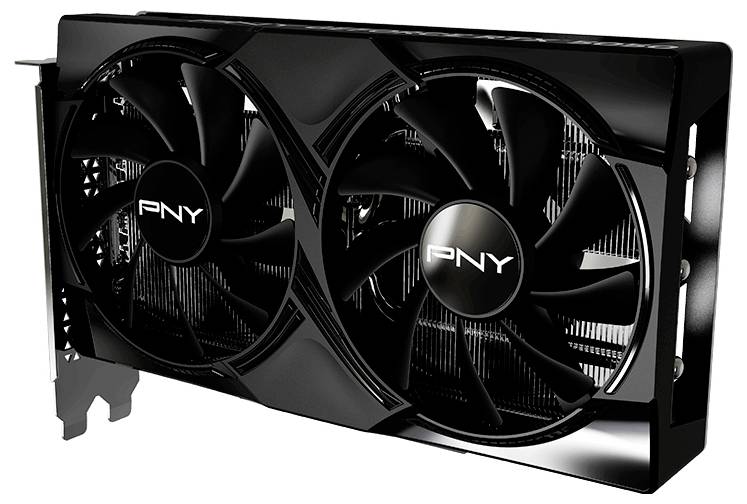 Une carte graphique noire avec deux ventilateurs et un logo PNY sur chaque ventilateur. Conçue pour le gaming ou l'informatique haute performance dans les ordinateurs de bureau.