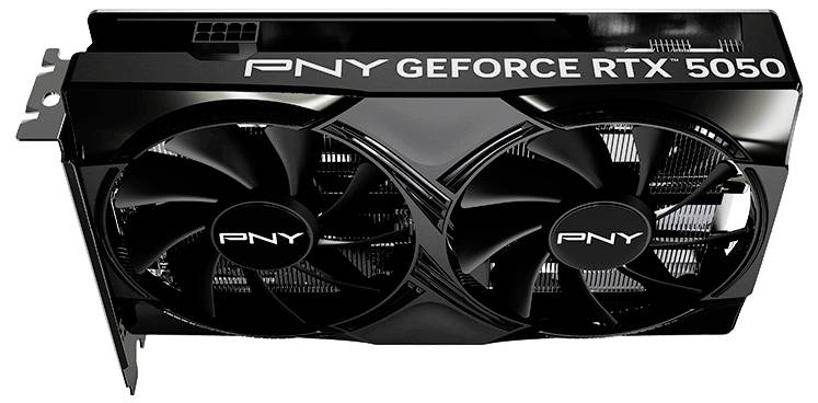 Une carte graphique PNY GeForce RTX 5050 dotée de deux ventilateurs de refroidissement et d'un design élégant noir.