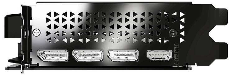 Panneau arrière d'une carte graphique montrant trois connecteurs DisplayPort et un port HDMI, entouré d'une grille métallique à motifs.