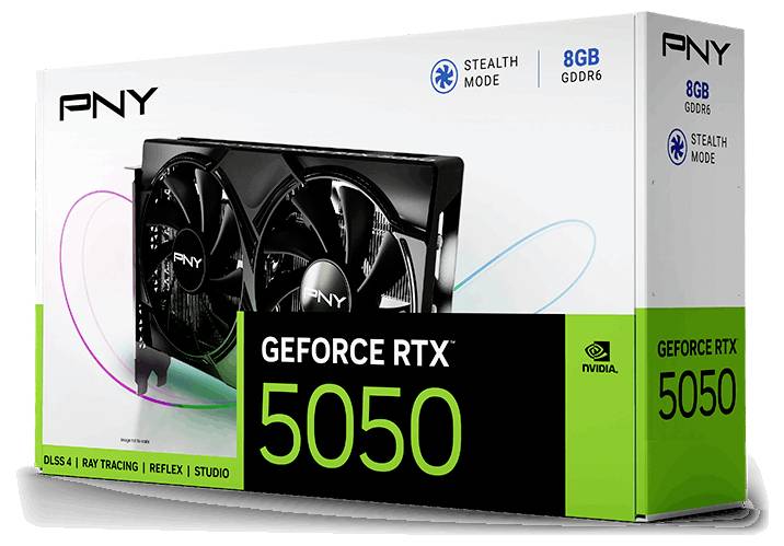 Boîte de carte graphique PNY GeForce RTX 5050 présentant 8 Go de mémoire GDDR6, avec des fonctionnalités telles que le Ray Tracing, DLSS 4 et le Mode Furtif.