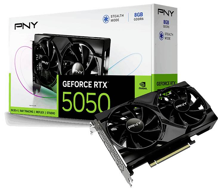 Carte graphique PNY GeForce RTX 5050 avec trois ventilateurs de refroidissement, présentée avec son emballage étiqueté « 8 Go GDDR6, Mode Furtif ».