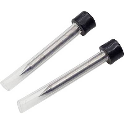 Deux pointes métalliques en forme d'aiguille, placées dans des tubes transparents en plastique avec des capuchons noirs, probablement partie intégrante d'un outil scientifique ou industriel.