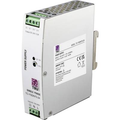 Unité d'alimentation sur rail DIN avec blocs de terminaison verts et panneau avant étiqueté, présenté en vue latérale pour utilisation électrique industrielle.