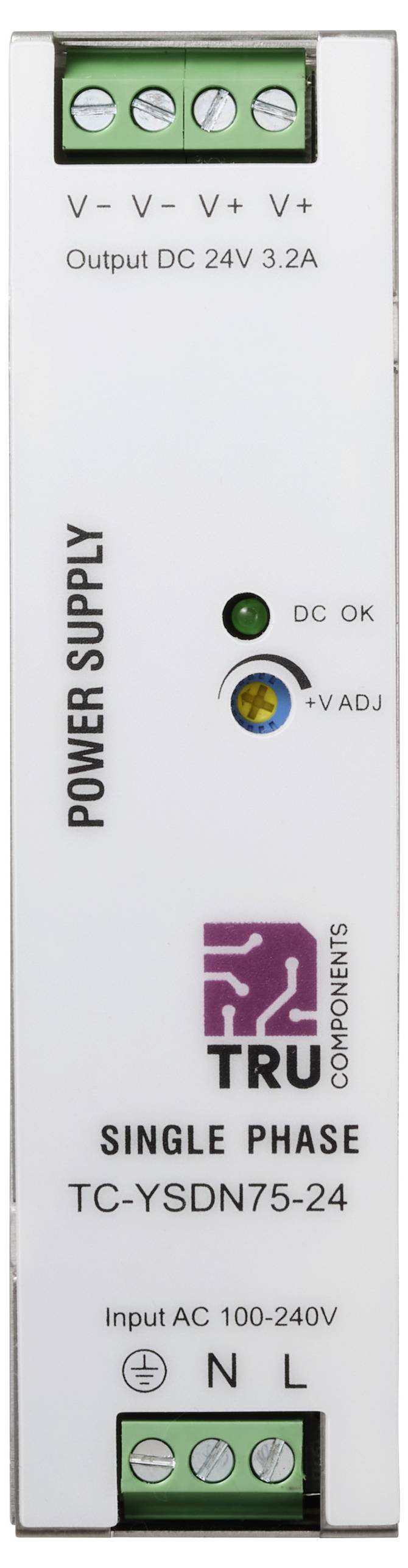 'Composants TRU Alimentation électrique monophasée TC-YSDN75-24, entrée AC 100-240V, sortie DC 24V 3,2A, avec indicateurs DC OK et V ADJ.'