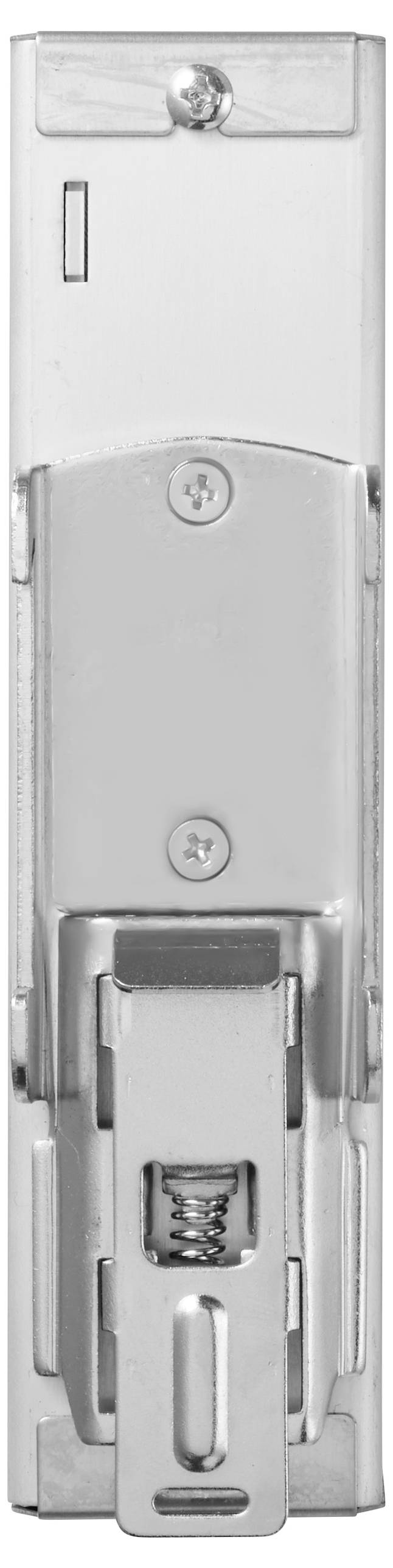Une charnière métallique moderne, verticale, avec des vis apparentes et une base rectangulaire, généralement utilisée pour les portes d'armoires.