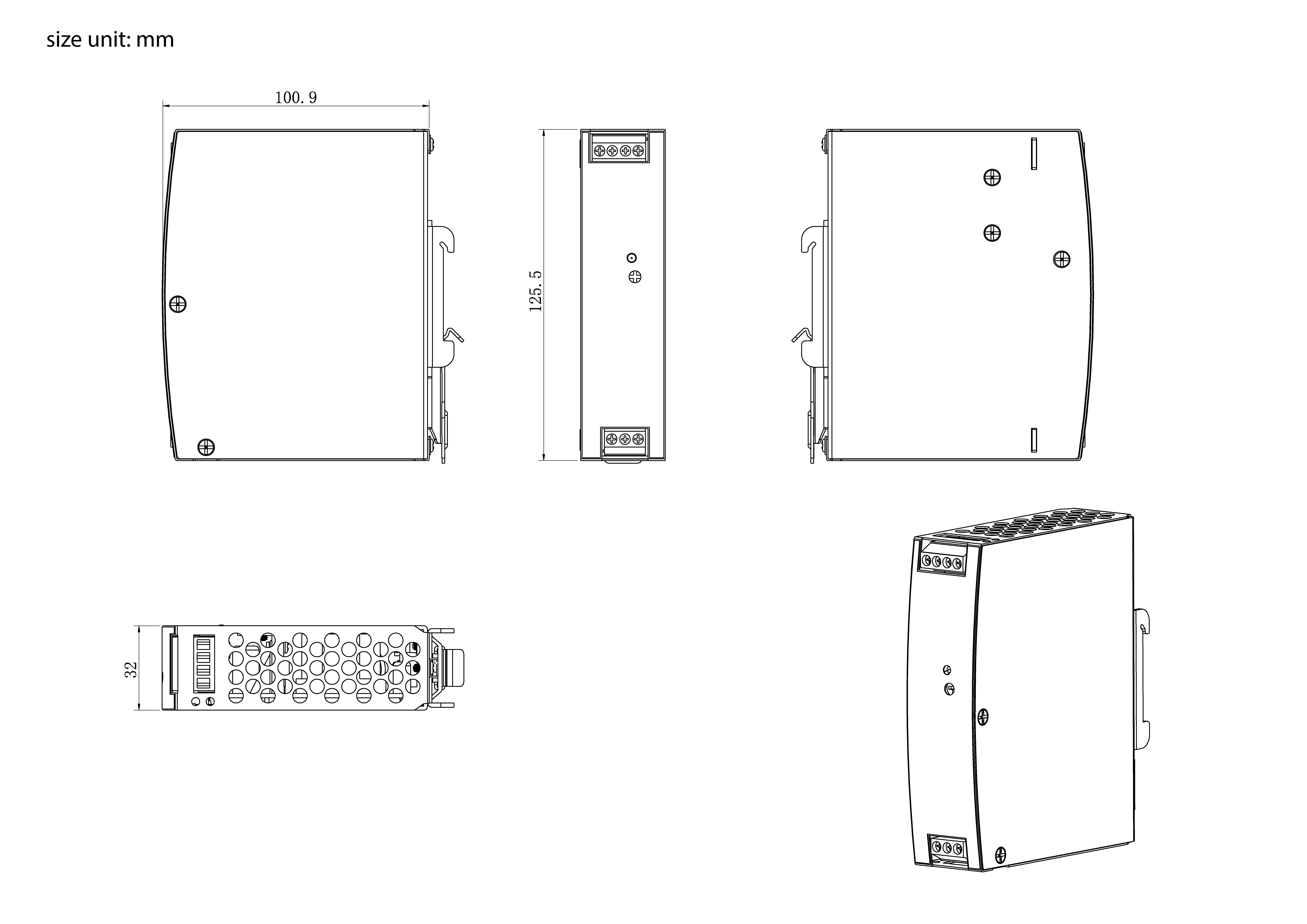 Dessin technique d'un dispositif électronique avec dimensions : 100,9 mm de largeur, 98,5 mm de hauteur et 32 mm de profondeur ; présente les vues de face, de côté et de dessus.