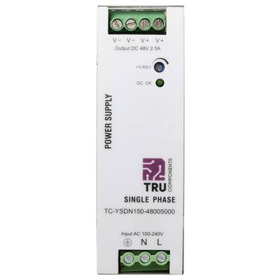 'Alimentation électrique monophasée TRU Components, modèle TC-YSDN150-48005000, entrée CA 100-240V, sortie CC 48V 2,5A, avec indicateurs de statut.'