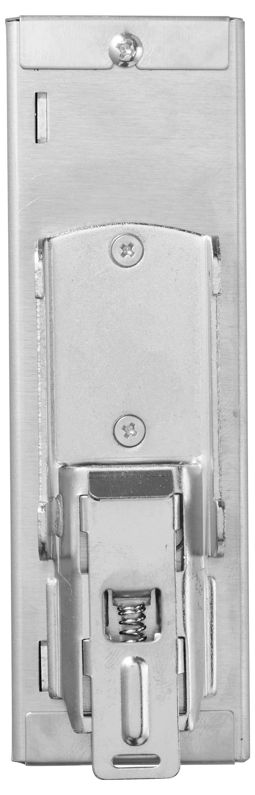 Charnière métallique en gros plan, présentant le mécanisme de levier et les vis sur une base rectangulaire, utilisée pour les portes d'armoire ou l'assemblage de meubles.