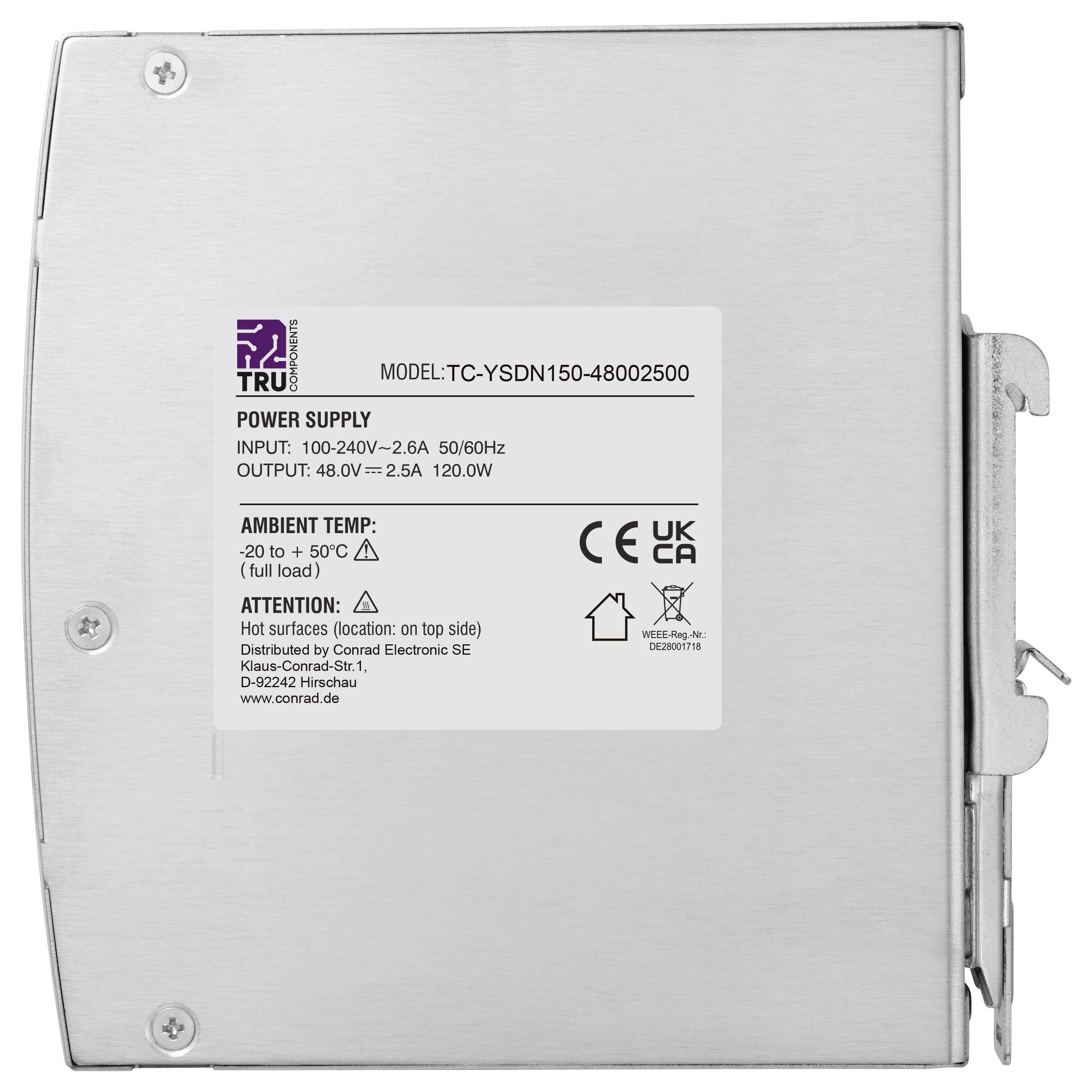 Unité d'alimentation électrique en métal avec étiquette indiquant le modèle TC-YSDN150-48002500, entrée 100-240V CA et sortie 48V 2.5A 120W.