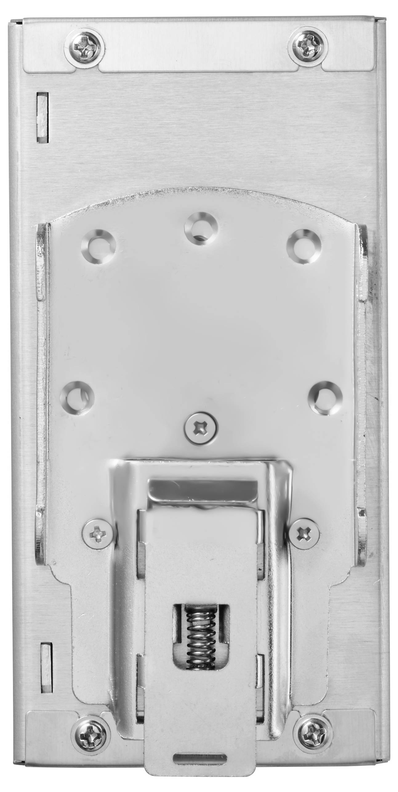 Plaque en métal argenté avec un mécanisme de loquet à ressort central, entourée de vis et de rivets, probablement partie intégrante d'un composant mécanique.