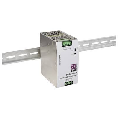 'Alimentation électrique monophasée montée sur rail DIN métallique, présentant plusieurs bornes de connexion et un boîtier métallique perforé pour la ventilation.'