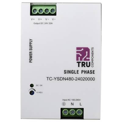 Alimentation monophasée de TRU Components, modèle TC-YSDN480-24020000. Entrée CA 100-240V ; sortie CC 24V 20A.