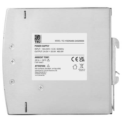 Unité d'alimentation électrique en métal argenté avec étiquette indiquant le modèle TC-YSDN480-24020000, entrée 100-240V et sortie 24,0V 20,0A 480W, plus avertissements de sécurité et marquages CE/UKCA.