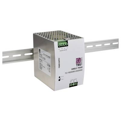 Alimentation électrique monophasée montée sur rail, avec bornes d'entrée et de sortie étiquetées, adaptée aux applications industrielles.