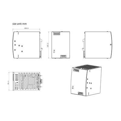 Dessin technique d'un dispositif électronique sous différents angles, présentant les dimensions et les détails de conception. Dimensions indiquées en millimètres.