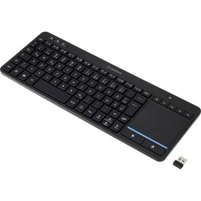Un clavier sans fil noir avec pavé tactile intégré et récepteur USB, présentant un design compact adapté à une utilisation polyvalente.