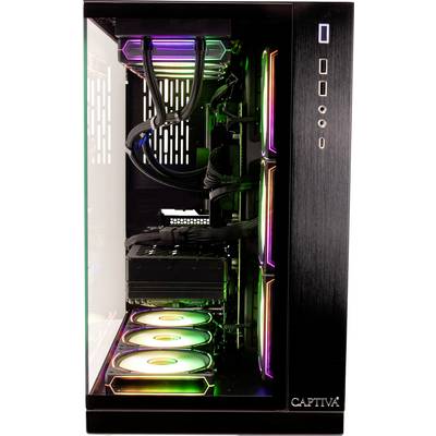 Un ordinateur de jeu de bureau avec un panneau latéral en verre révélant les composants internes, comprenant des ventilateurs de refroidissement avec éclairage LED et des tubes pour le refroidissement liquide.