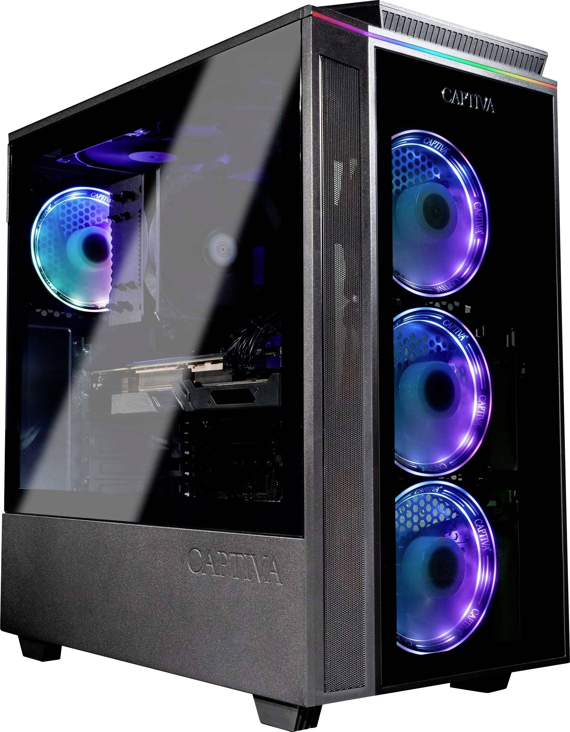 Un boîtier d'ordinateur gaming noir avec un panneau latéral transparent permettant de voir les composants internes et équipé de ventilateurs RGB éclairés à l'avant et à l'arrière.