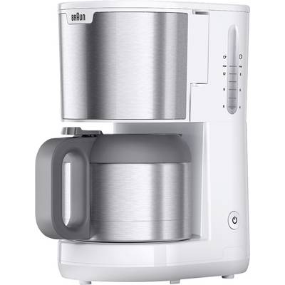 Cafetière en argent et blanc avec une carafe, dotée d'un indicateur de niveau d'eau sur le côté.