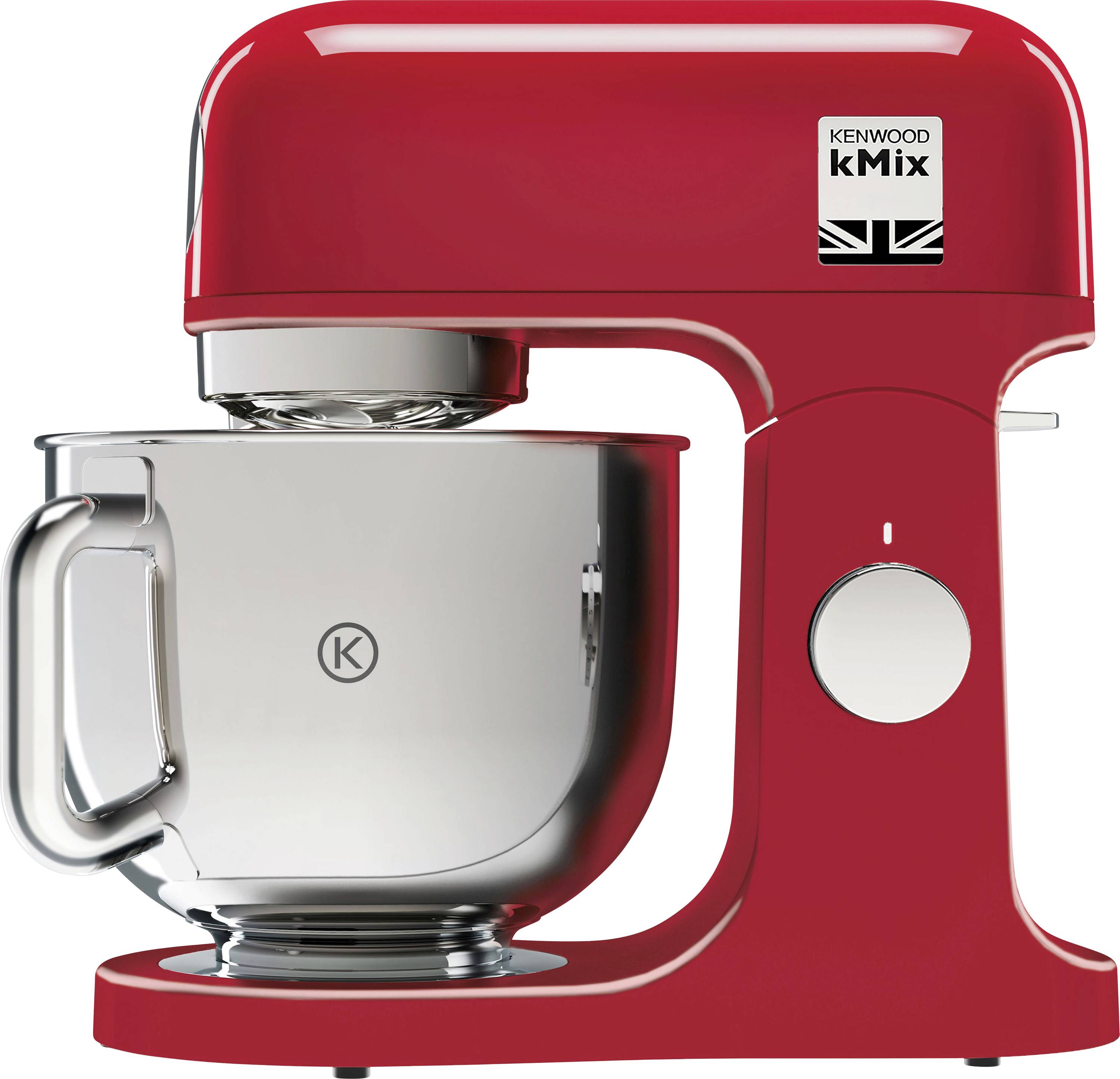 Un robot sur socle Kenwood kMix rouge avec un bol en acier inoxydable, présentant un design moderne et un logo sur le carter moteur.