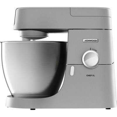 Un mélangeur sur socle argenté avec un grand bol de mélange et un bouton de réglage de vitesse, étiqueté « Kenwood Chef XL ». Le mélangeur est conçu pour une utilisation en cuisine.