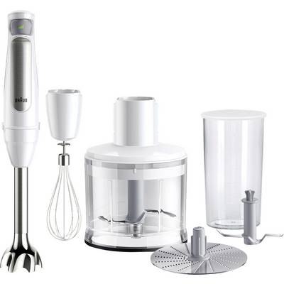 Ensemble de mixeur plongeant avec plusieurs accessoires, comprenant un fouet, un hachoir et un gobelet, conçu pour différentes tâches culinaires.