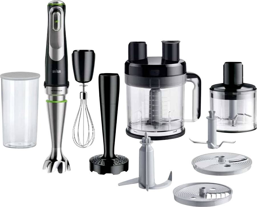 Un ensemble d'appareils de cuisine comprenant un mixeur plongeant, un fouet, des accessoires de robot culinaire et des disques de tranchage. Adapté aux tâches de mixage et de préparation culinaire.