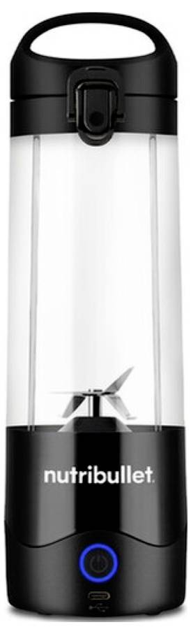 Un mélangeur NutriBullet portable noir et transparent, doté d'une poignée de transport et d'un bouton marche/arrêt ; adapté à un usage personnel.