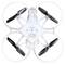 Un drone quadcoptère blanc, vue de dessus, présentant des protections circulaires protégeant chacune des quatre hélices noires.
