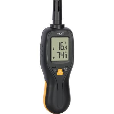 Un thermomètre numérique affichant une température de 16,4 °C sur son écran avec un taux d'humidité de 74,0 %. L'appareil est noir avec un accent orange.