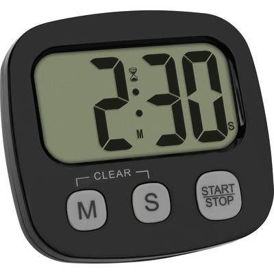 Un minuteur numérique noir affiche « 2:30 ». En dessous se trouvent trois boutons étiquetés « M », « S » et « Démarrer/Arrêter », avec un autre étiqueté « Effacer ».