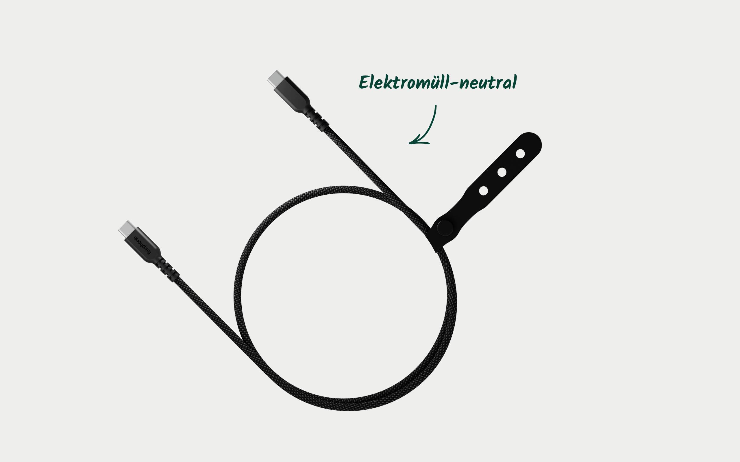 Câble noir avec deux connexions et texte 'Électro-déchets neutre' en arrière-plan.