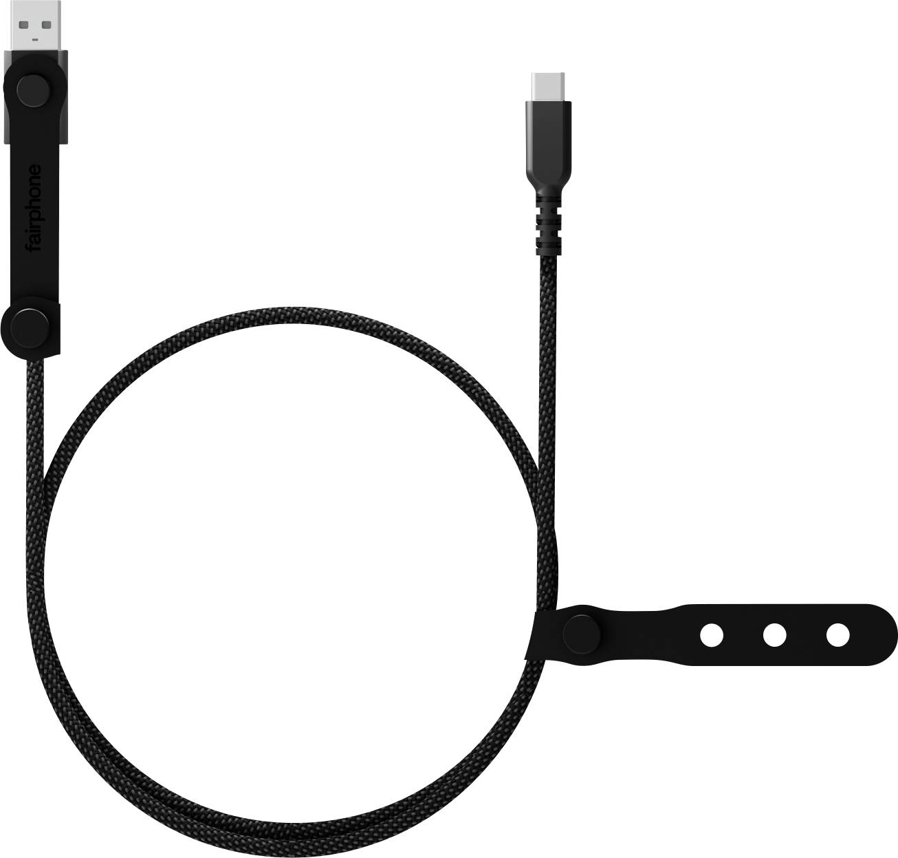 Un câble USB-A vers USB-C noir avec une texture tressée et un logo Fairphone. Le câble est équipé d'une sangle intégrée pour un rangement facile.
