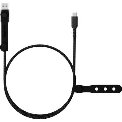 Un câble USB-A vers USB-C noir avec une texture tressée et un logo Fairphone. Le câble est équipé d'une sangle intégrée pour un rangement facile.