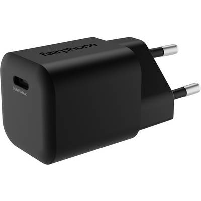 Un chargeur Fairphone noir avec une prise européenne, portant l'inscription « 30W MAX » sur le côté, conçu pour la charge rapide des appareils.