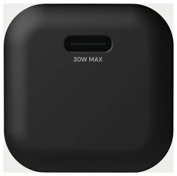 Un adaptateur d'alimentation USB-C noir étiqueté « 30W Max », adapté pour charger des appareils avec une puissance de sortie maximale de 30 watts.