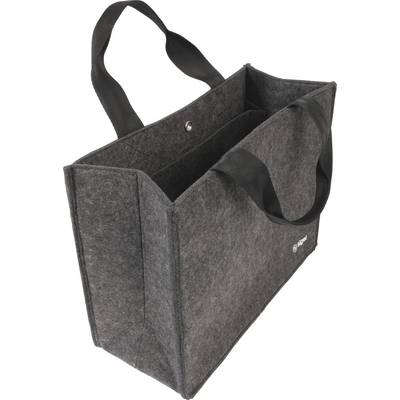 Un sac cabas en feutre gris avec des anses noires et une fermeture à pression, doté d'un petit logo circulaire sur le côté.