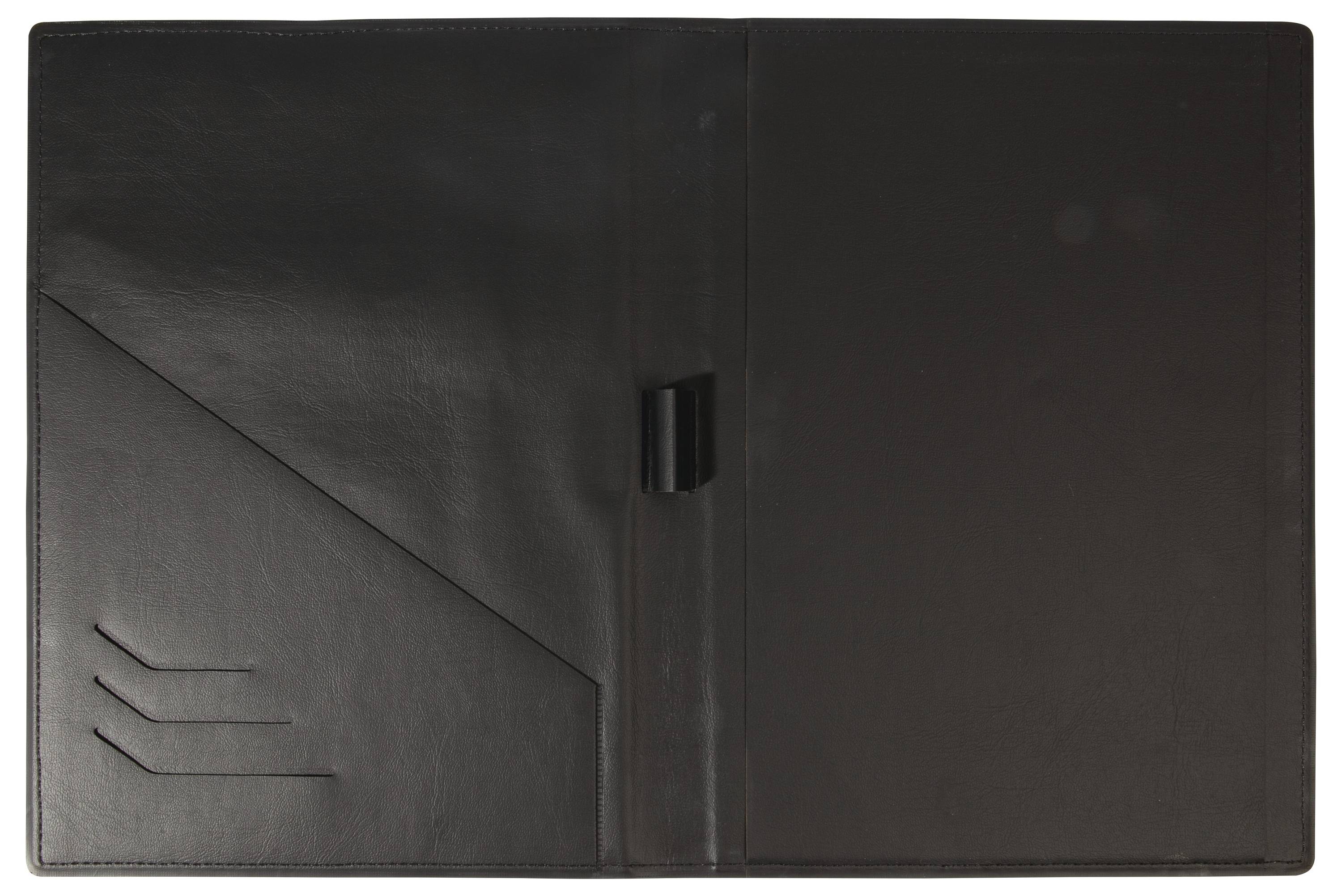 Un portefeuille en cuir noir ouvert avec des emplacements pour cartes sur la gauche et un porte-stylo central.