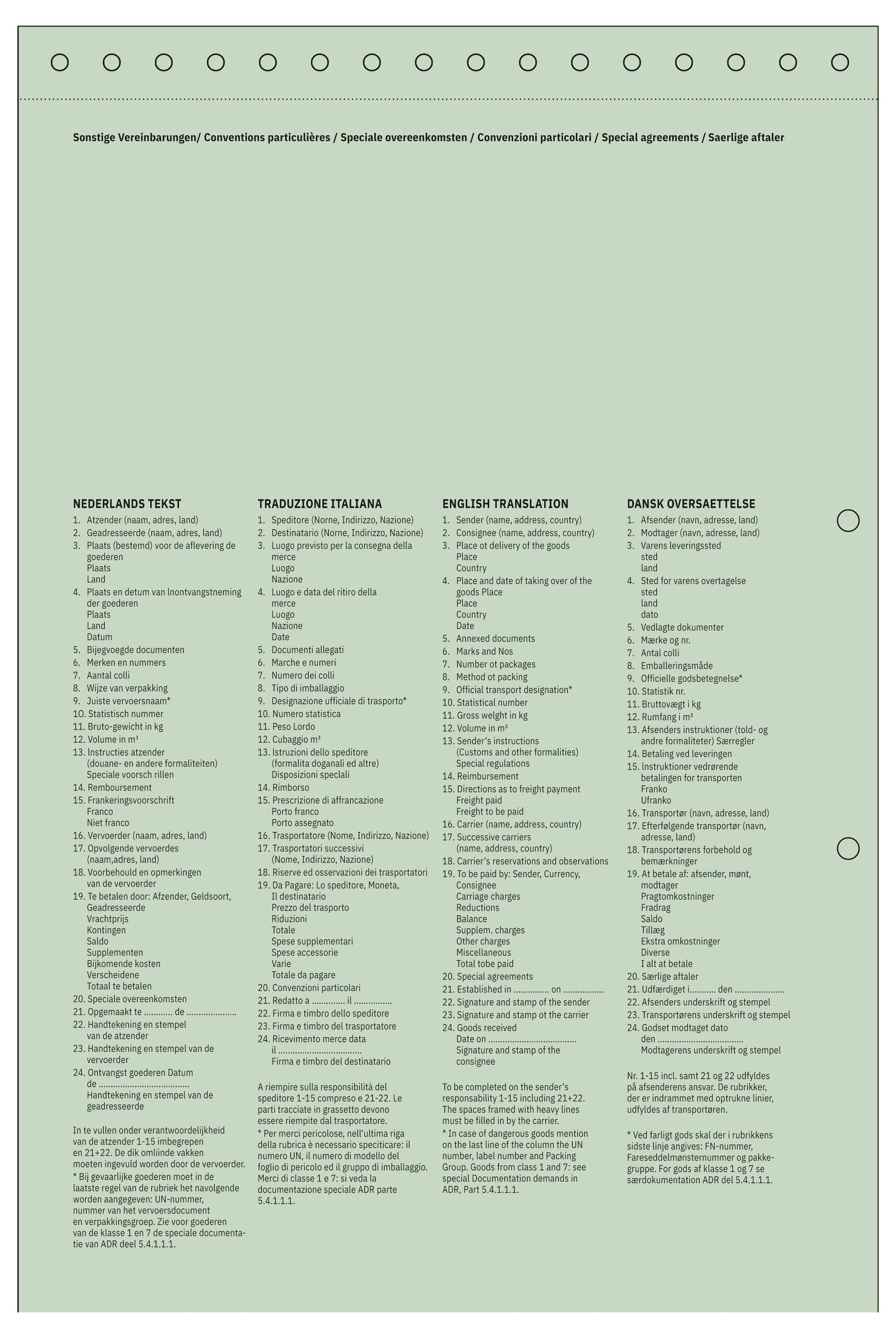Affiche de conditions spéciales de chemin de fer multilingue avec quatre colonnes de petit texte : tarifs norvégiens, français, anglais et danois et conditions de voyage sur un fond vert pâle.