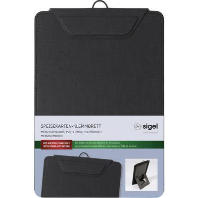 "Menu porte-bloc avec fonction support pour feuilles au format DIN A5" est inscrit sur l'emballage. L'image montre un porte-bloc noir avec un support d'affichage.