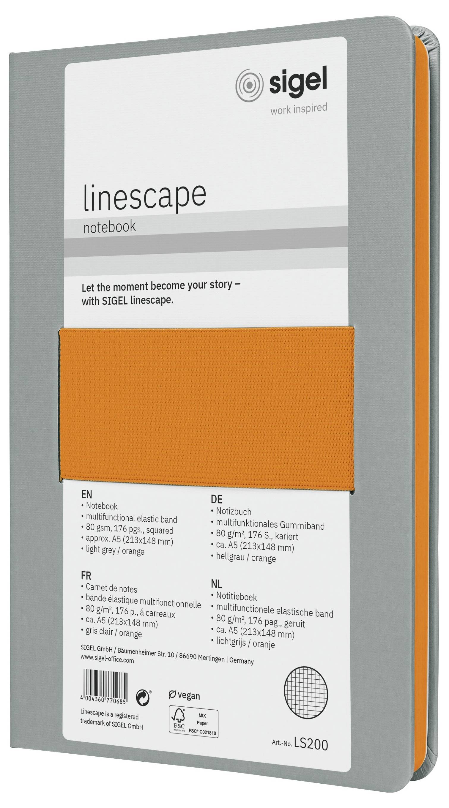 Sigel LS200 Cahier Linescape Hardcover DIN A5 quadrillé gris clair, orange fluorescent Nombre de pages: 88-1