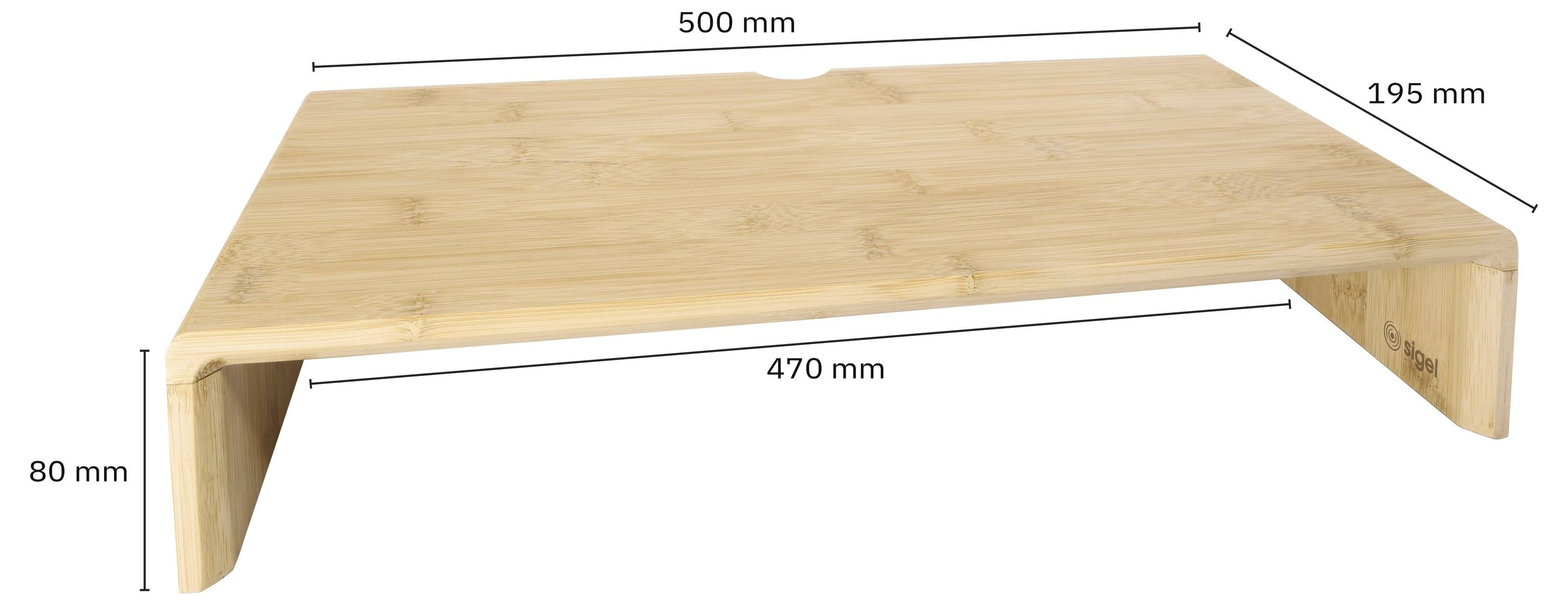 Étagère murale en bois avec dimensions étiquetées : 500 mm de largeur, 195 mm de profondeur et 80 mm de hauteur ; largeur intérieure de 470 mm.