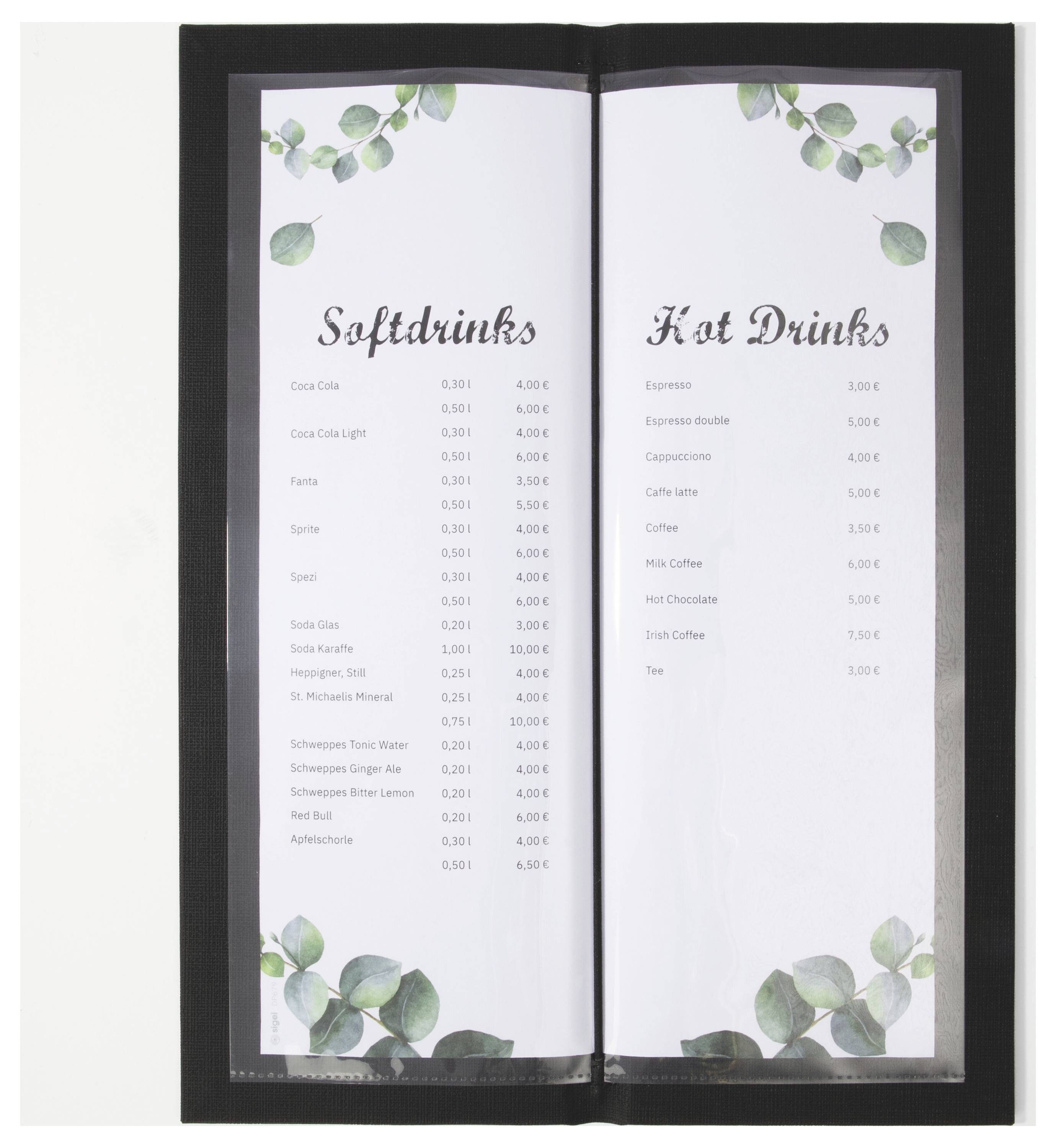 Un menu de boissons dans un cadre noir avec deux pages : les Boissons sans alcool à gauche et les Boissons chaudes à droite, chacune listant les noms de boissons et les prix en euros.
