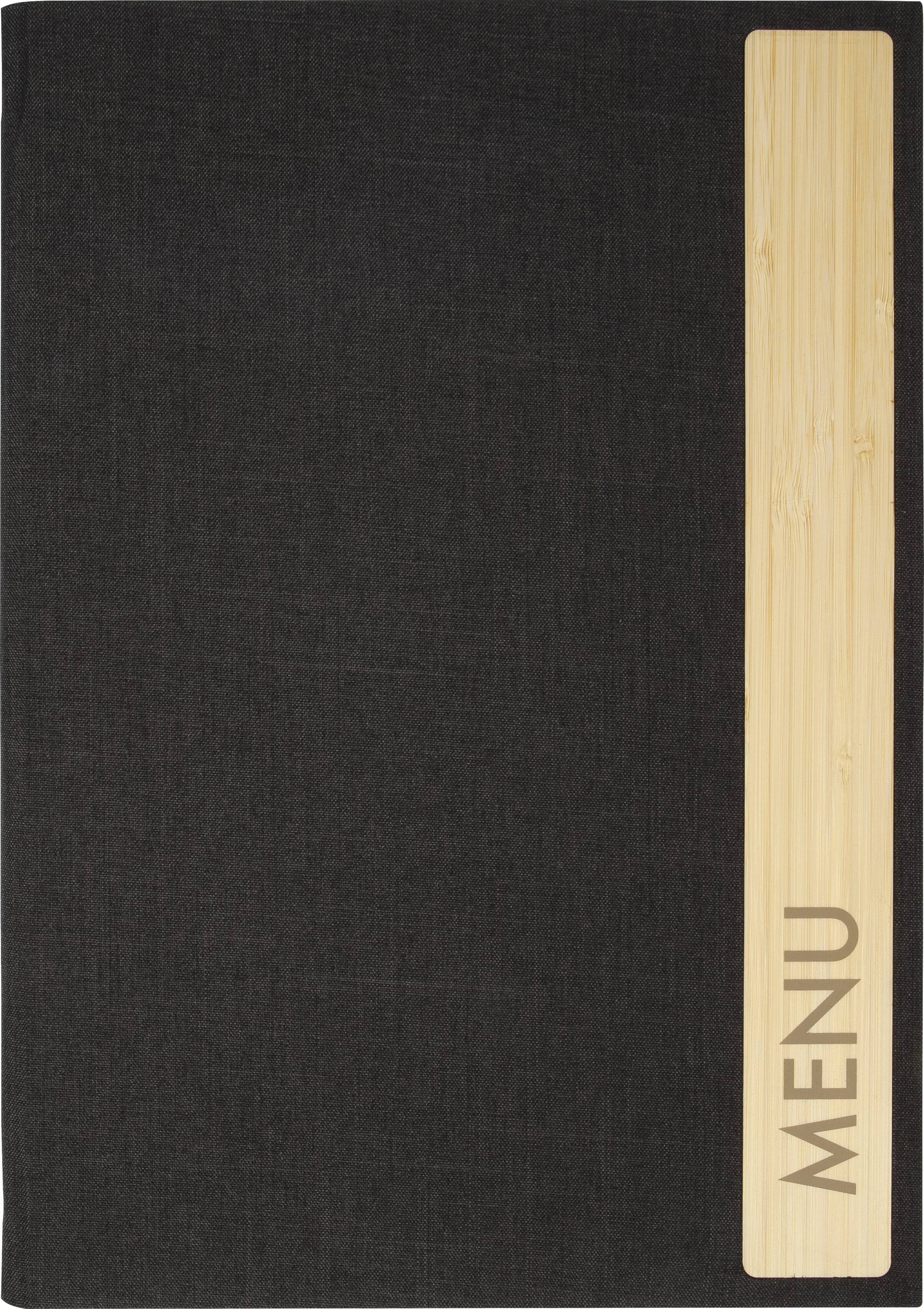 Une couverture de menu noire avec une bande en bois sur le côté droit affichant le mot « MENU ».