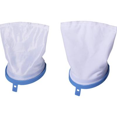 Deux sacs filtrants blancs avec des anneaux bleus placés côte à côte, conçus pour être utilisés dans un système de filtration.